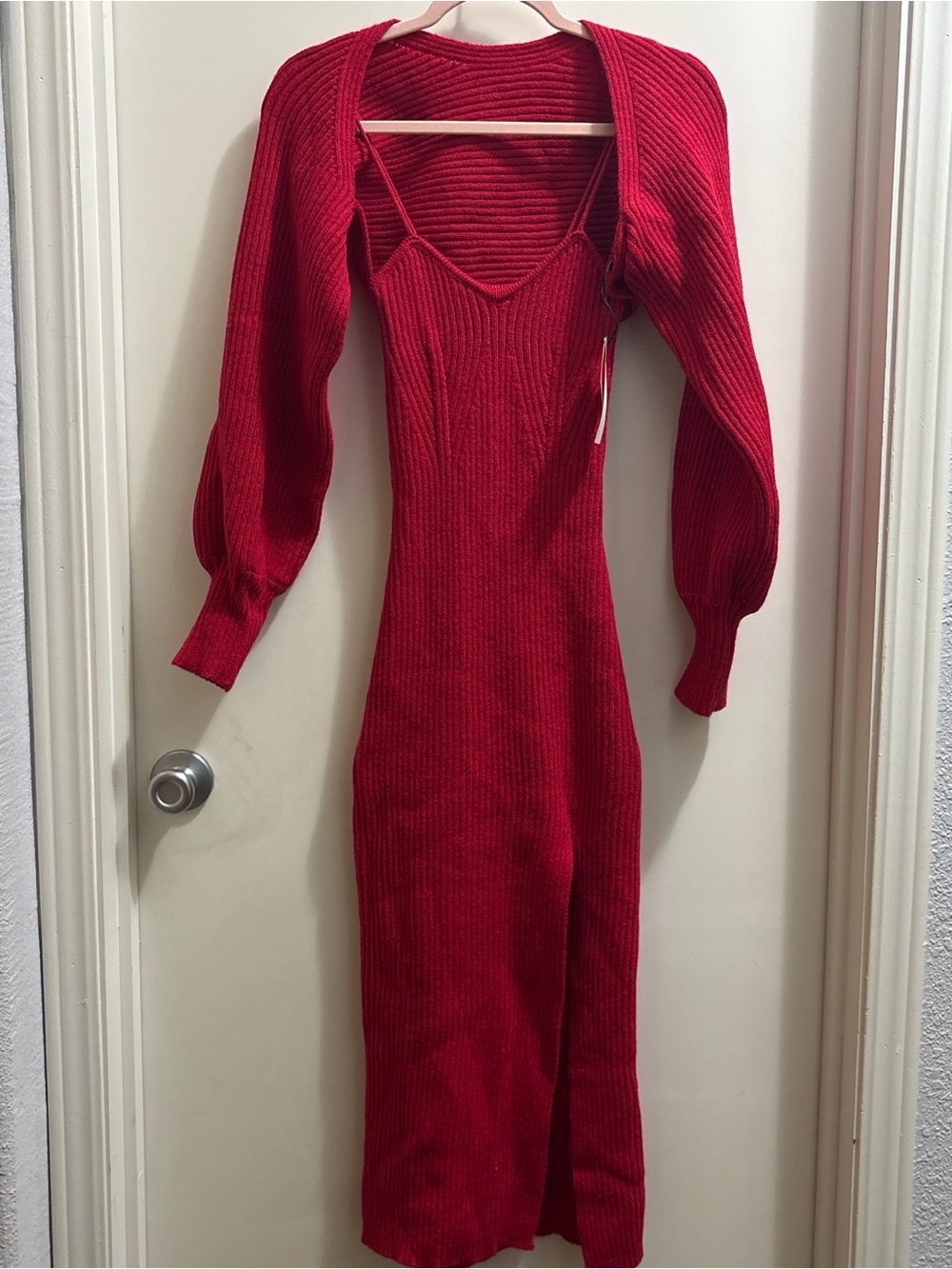 Cider Red Ribbed Knit Midi Dress with Bolero Sleeve